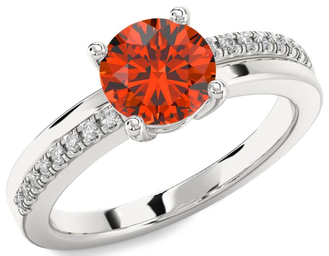 Diamond Fire Opal Silver Round Solitaire Engagement Ring
