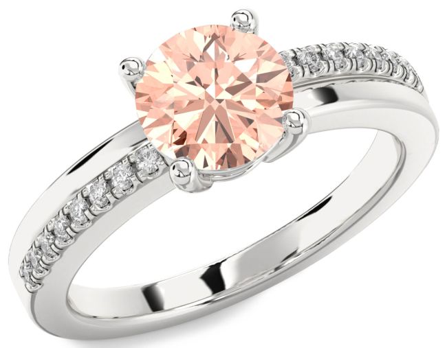 Diamond Morganite Silver Round Solitaire Engagement Ring