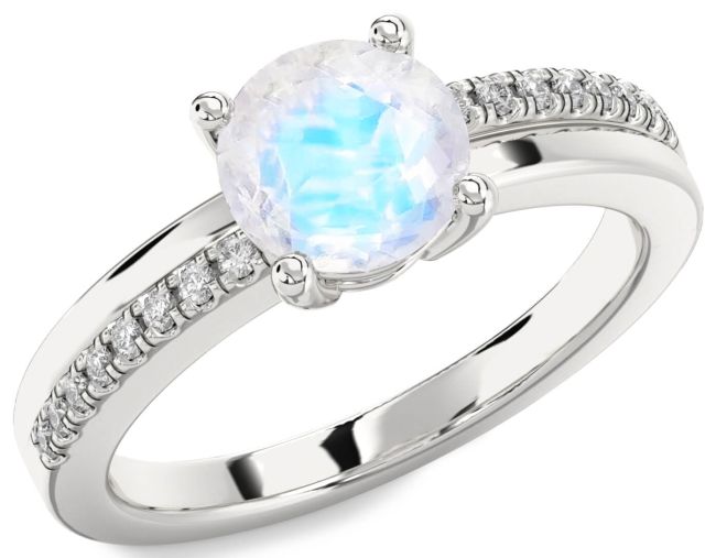 Diamond Moonstone Silver Round Solitaire Engagement Ring