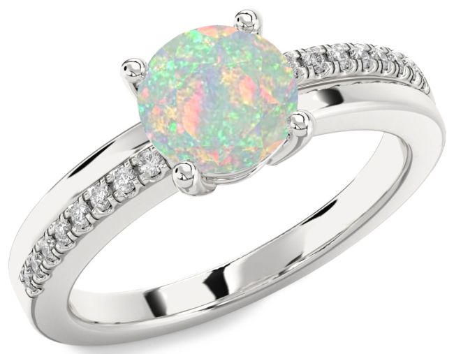 Diamond Opal Silver Round Solitaire Engagement Ring