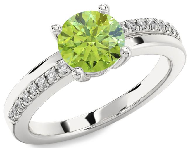 Diamond Peridot Silver Round Solitaire Engagement Ring