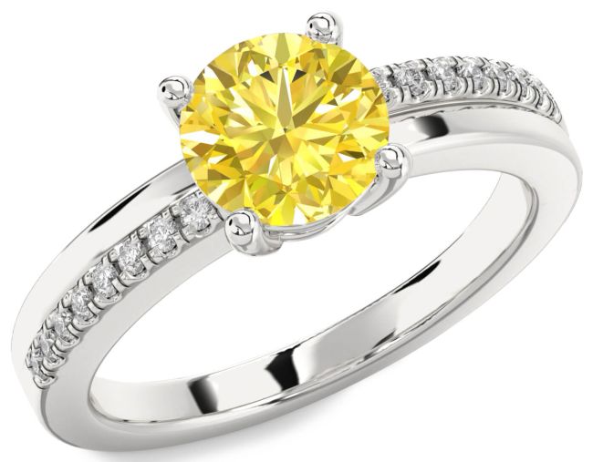 Yellow Diamond Silver Round Solitaire Engagement Ring