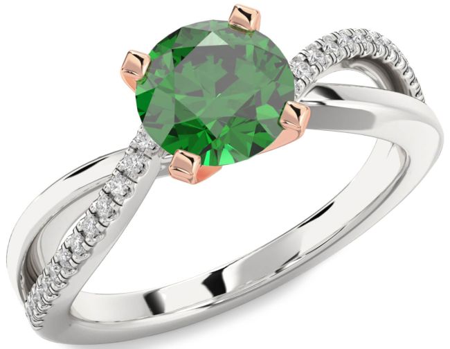 Diamond Emerald Rose Gold Silver Round Solitaire Engagement Ring