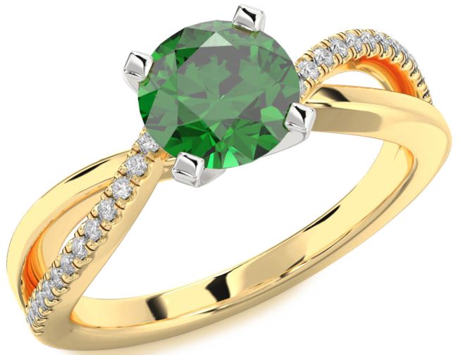 Diamond Emerald Platinum & Yellow Gold Round Solitaire Engagement Ring