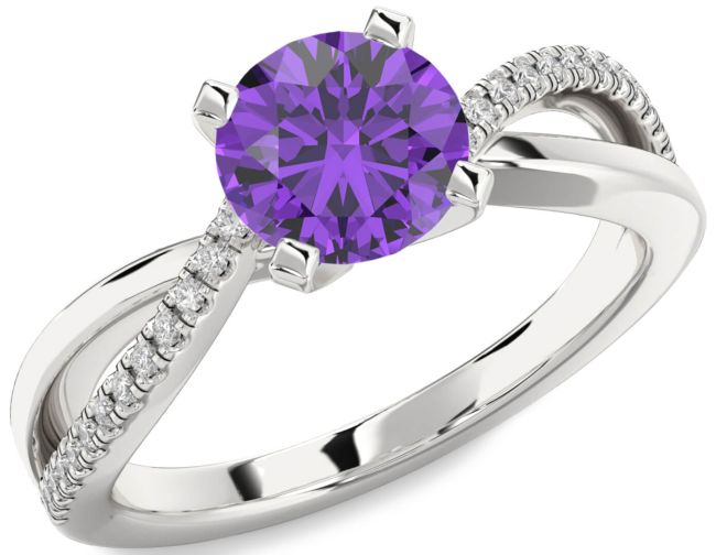 Diamond Amethyst Silver Round Solitaire Engagement Ring