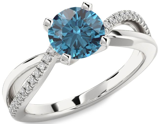 Blue Diamond Silver Round Solitaire Engagement Ring