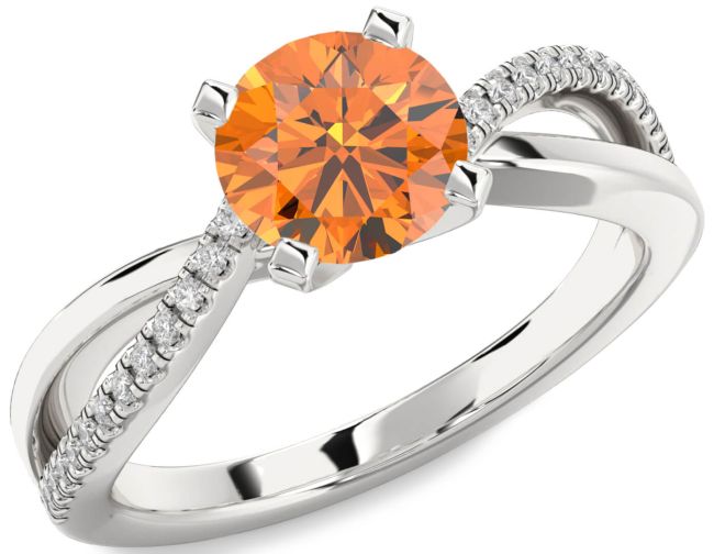 Diamond Citrine Silver Round Solitaire Engagement Ring