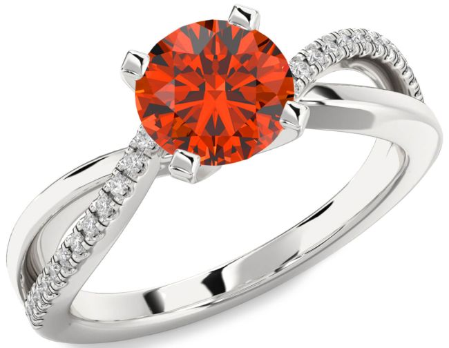 Diamond Fire Opal Silver Round Solitaire Engagement Ring