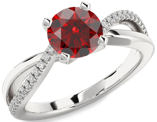 Diamond Garnet Silver Round Solitaire Engagement Ring