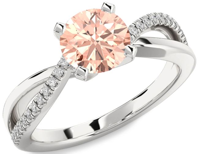 Diamond Morganite Silver Round Solitaire Engagement Ring