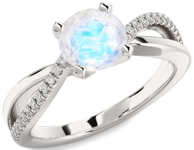 Diamond Moonstone Silver Round Solitaire Engagement Ring
