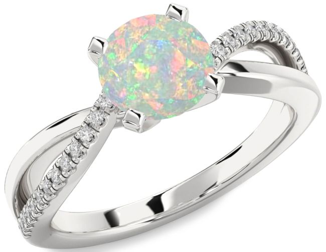 Diamond Opal Silver Round Solitaire Engagement Ring