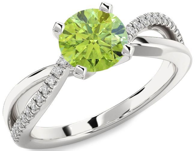 Diamond Peridot Silver Round Solitaire Engagement Ring