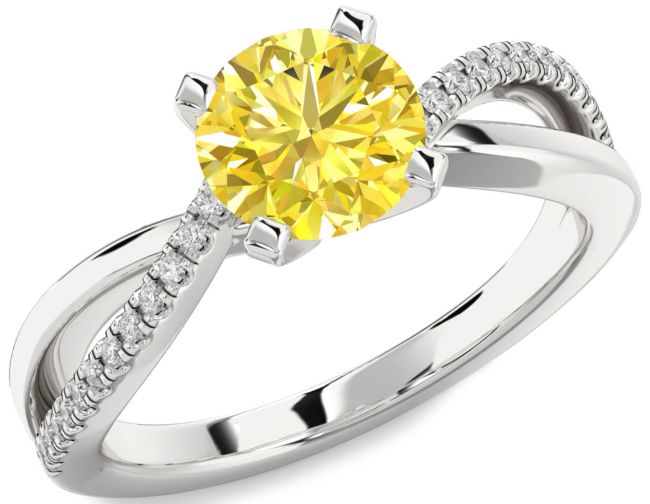 Yellow Diamond Silver Round Solitaire Engagement Ring
