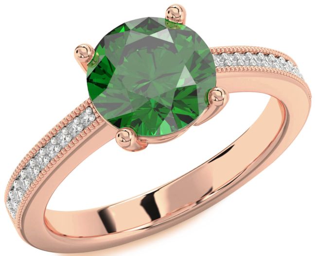 Diamond Emerald Rose Gold Round Vintage Pave Engagement Ring