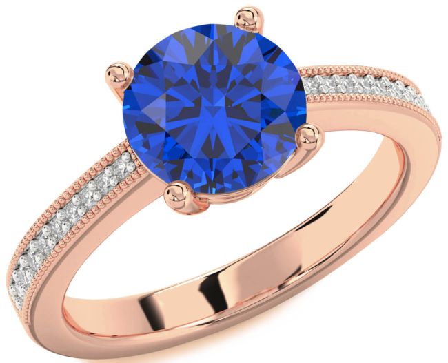 Diamond Blue Sapphire Rose Gold Silver Round Vintage Pave Engagement Ring