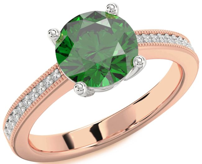 Diamond Emerald Platinum & Rose Gold Round Vintage Pave Engagement Ring