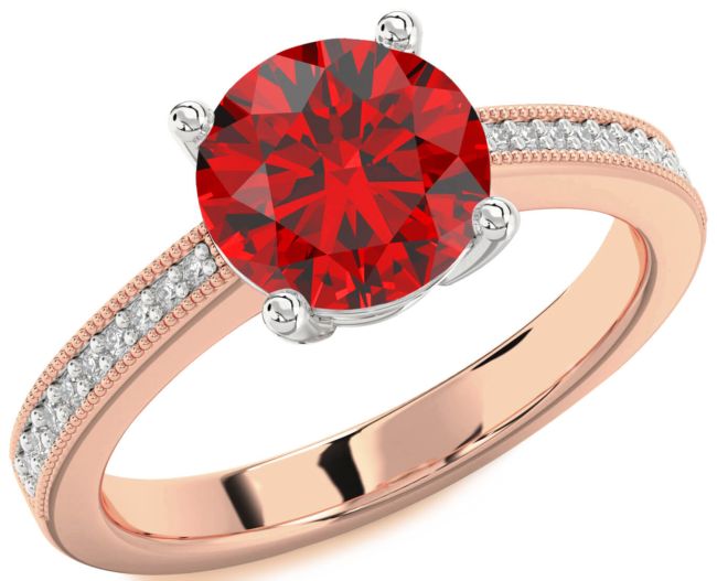 Diamond Ruby White Rose Gold Round Vintage Pave Engagement Ring