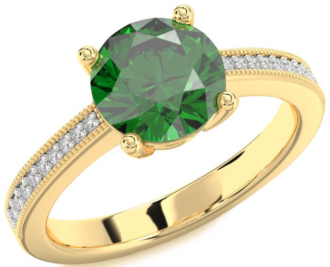 Diamond Emerald Gold Round Vintage Pave Engagement Ring