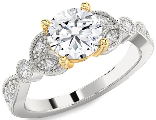 Diamond Silver & 10K gold Round Vintage Engagement Ring