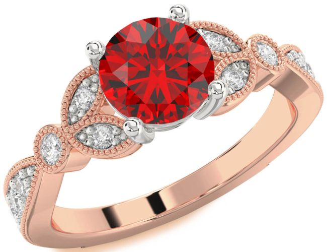 Diamond Ruby Platinum & Rose Gold Round Vintage Engagement Ring