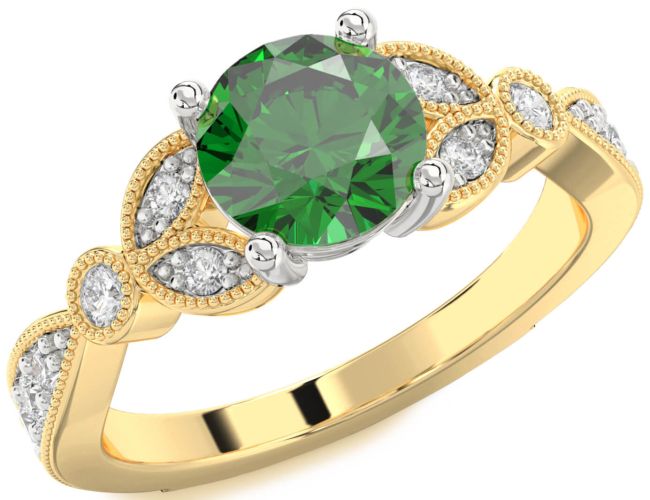 Diamond Emerald White Yellow Gold Round Vintage Engagement Ring