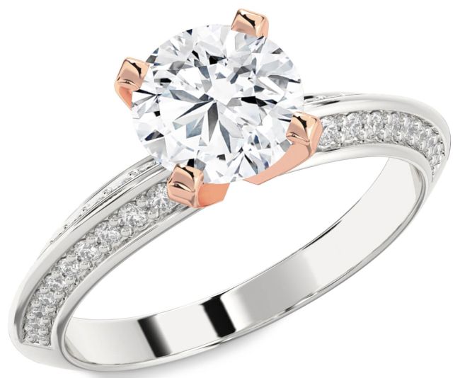 Diamond Rose Gold Silver Round Solitaire Pave Engagement Ring