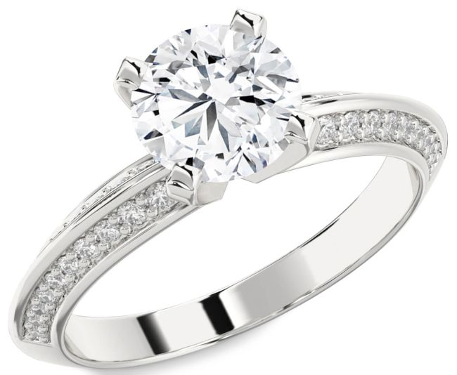 Diamond Silver Round Solitaire Pave Engagement Ring