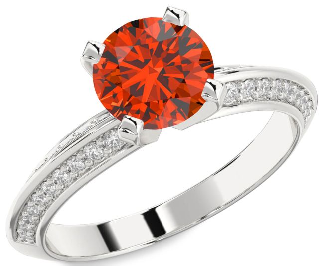 Diamond Fire Opal Silver Round Solitaire Pave Engagement Ring