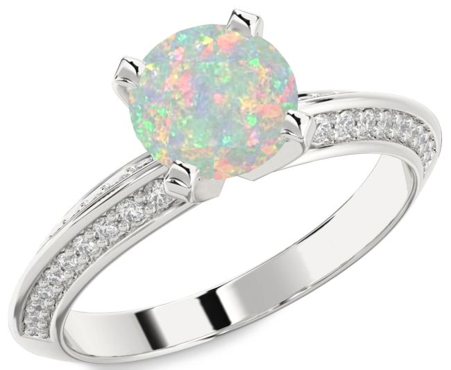 Diamond Opal Silver Round Solitaire Pave Engagement Ring
