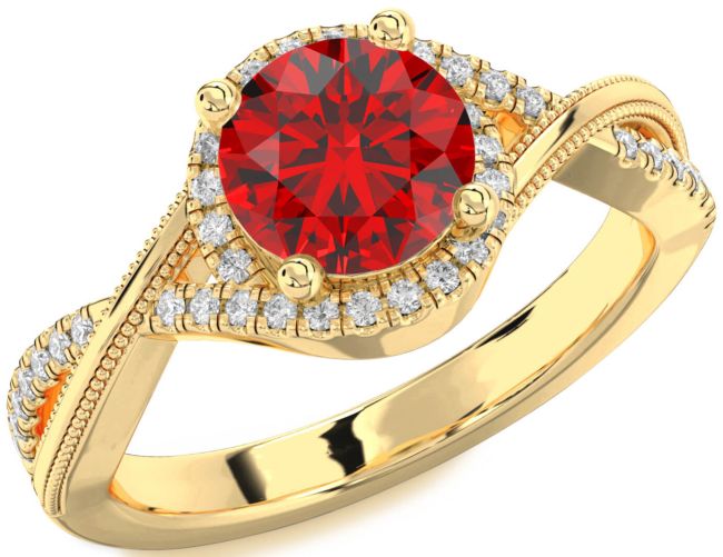Diamond Ruby Gold Silver Halo Round Vintage Engagement Ring
