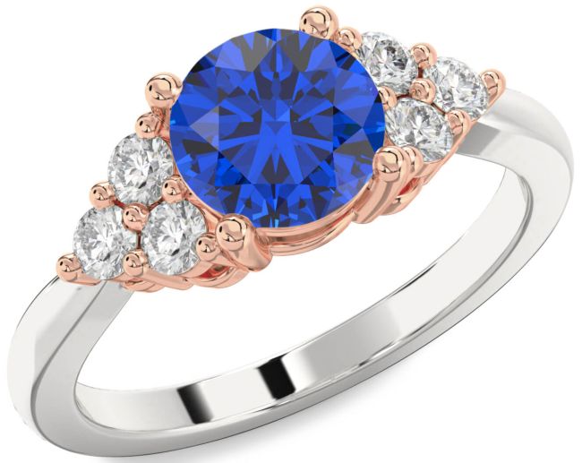 Diamond Blue Sapphire Platinum & Rose Gold Round Engagement Ring