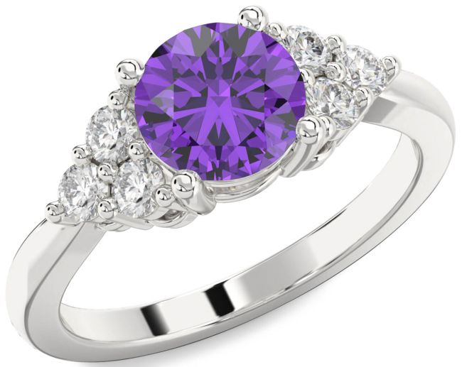 Diamond Amethyst Silver Round Engagement Ring