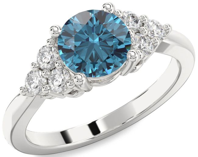 Blue Diamond Silver Round Engagement Ring