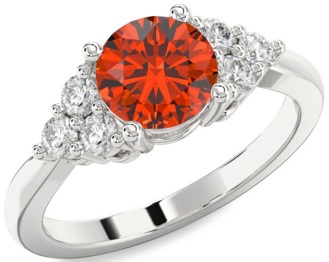 Diamond Fire Opal Silver Round Engagement Ring