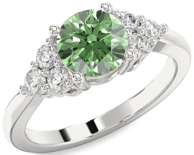 Green Diamond Silver Round Engagement Ring