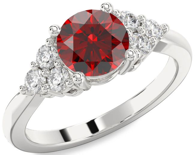 Diamond Garnet Silver Round Engagement Ring