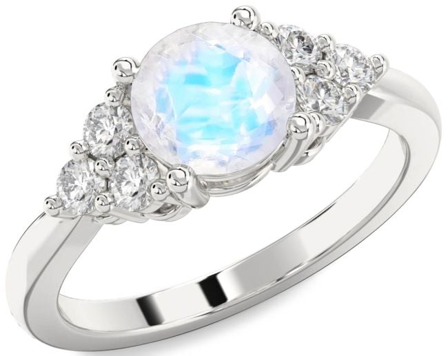 Diamond Moonstone Silver Round Engagement Ring