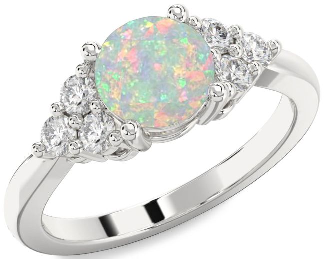 Diamond Opal Silver Round Engagement Ring