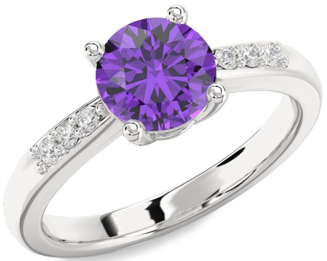 Diamond Amethyst Silver Round Solitaire Engagement Ring