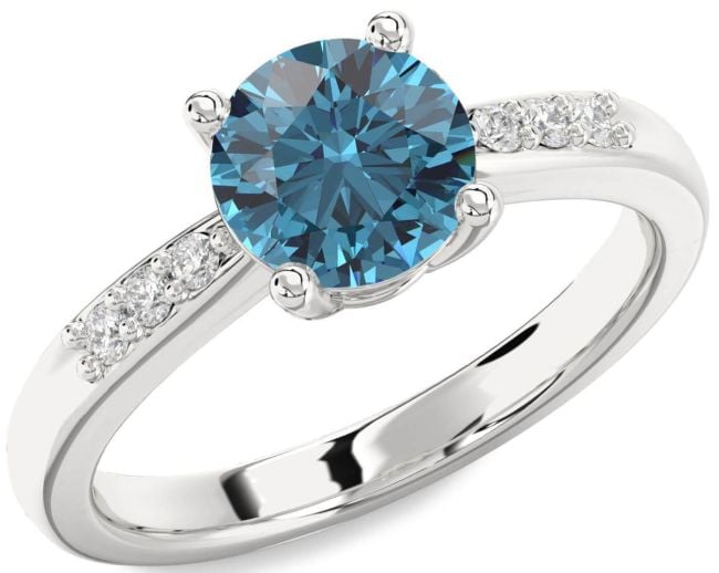 Blue Diamond Silver Round Solitaire Engagement Ring