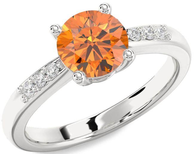 Diamond Citrine Silver Round Solitaire Engagement Ring