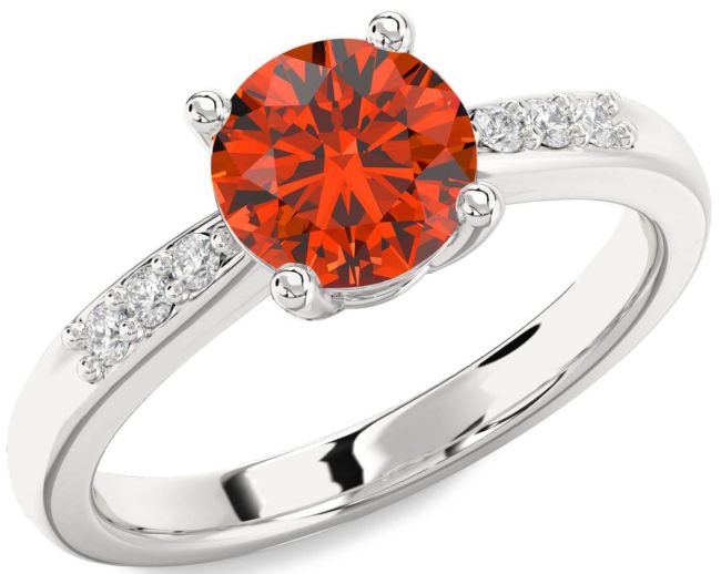 Diamond Fire Opal Silver Round Solitaire Engagement Ring