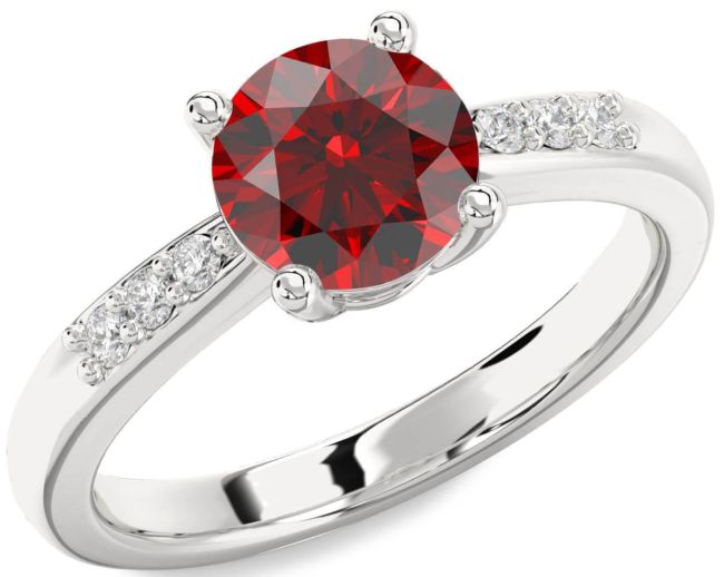 Diamond Garnet Silver Round Solitaire Engagement Ring