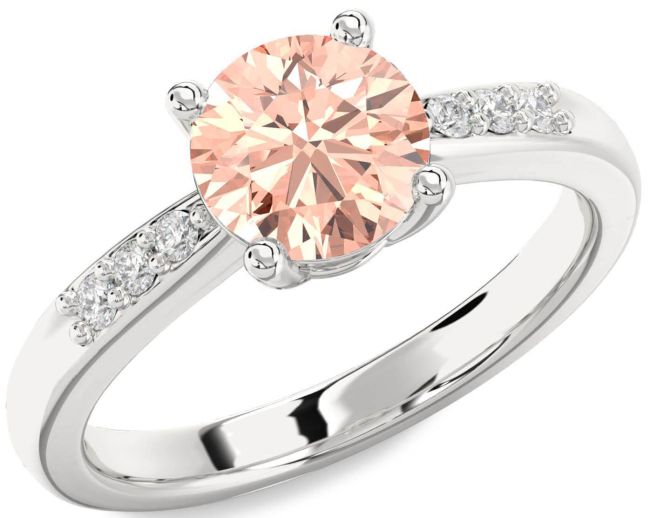 Diamond Morganite Silver Round Solitaire Engagement Ring