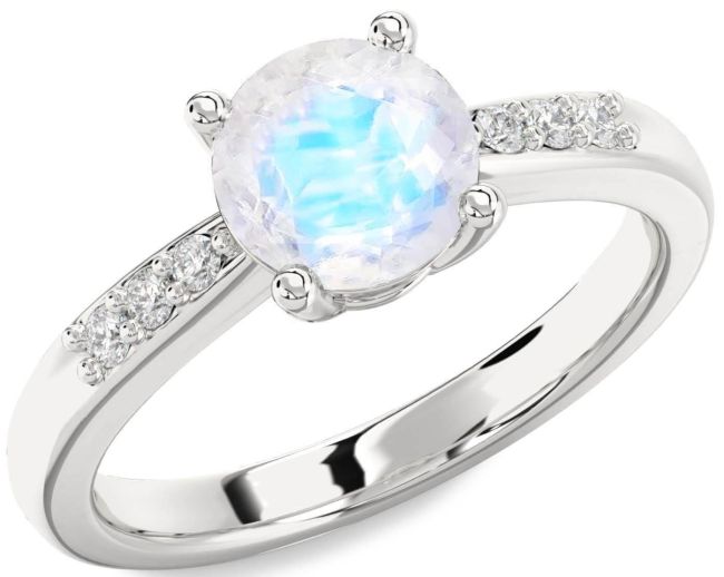 Diamond Moonstone Silver Round Solitaire Engagement Ring