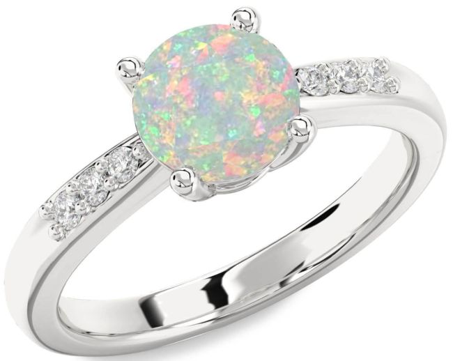Diamond Opal Silver Round Solitaire Engagement Ring