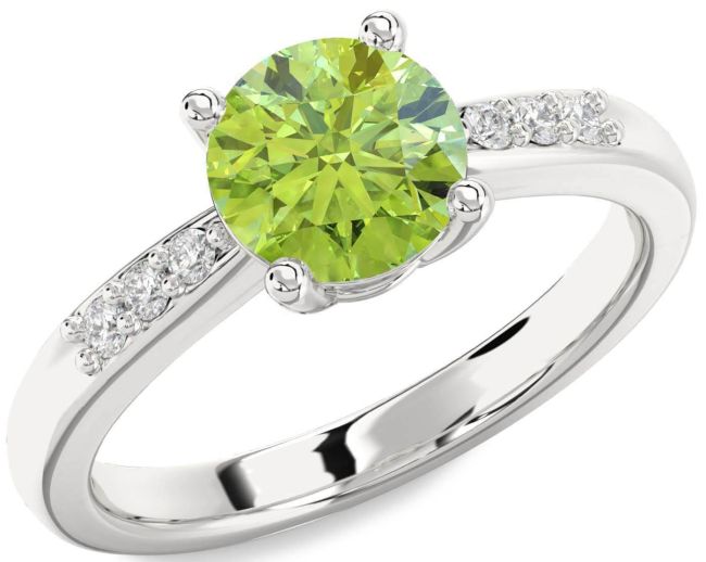 Diamond Peridot Silver Round Solitaire Engagement Ring