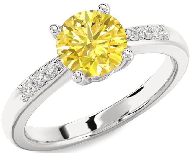 Yellow Diamond Silver Round Solitaire Engagement Ring