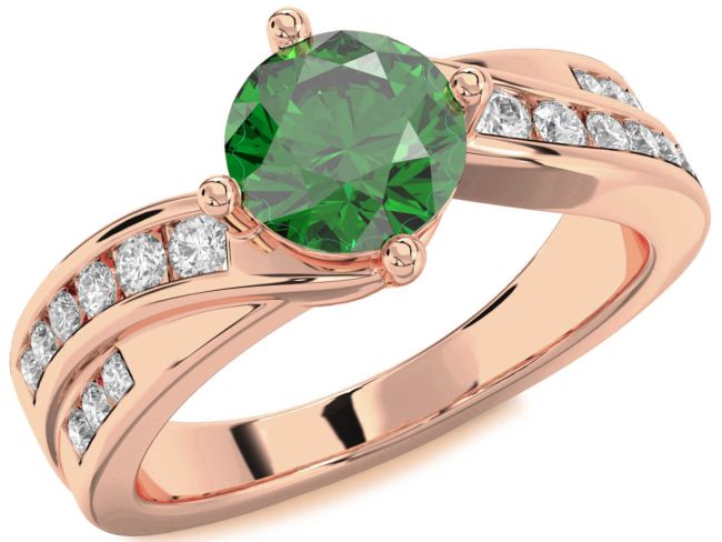 Diamond Emerald Rose Gold Round Solitaire Engagement Ring